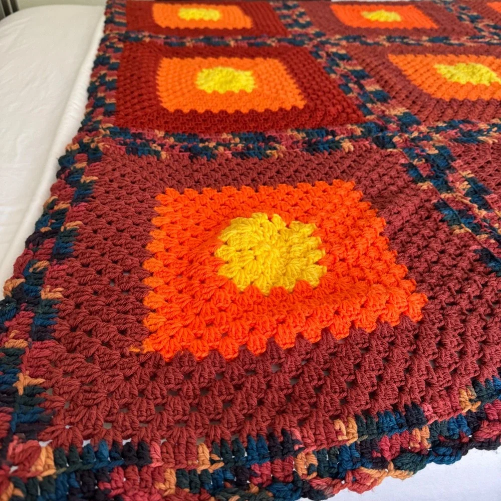 Vintage Handmade Crochet Granny Square Afghan Knit Throw Blanket Orange Maroon